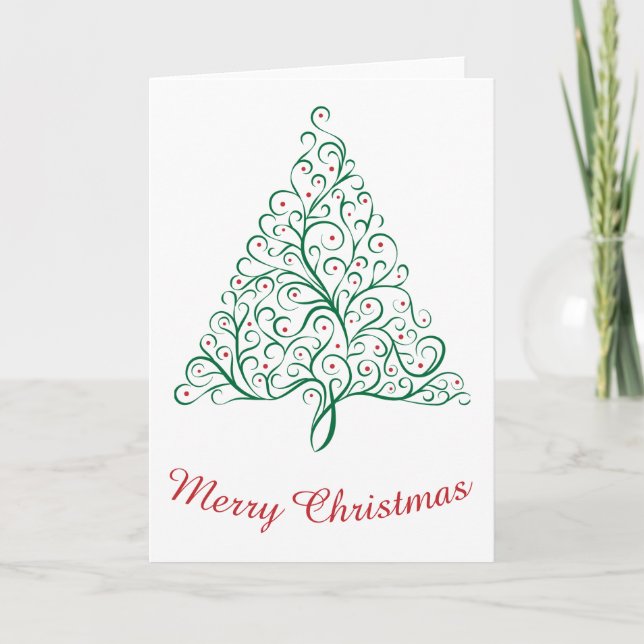 Tarjeta Elegante árbol de Navidad rojo y verde caligrafía (Anverso)