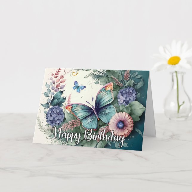 Tarjeta Elegante arte mariposa Feliz cumpleaños (Planta pequeña)