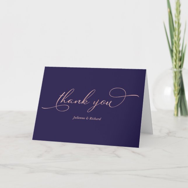 Tarjeta Elegante Azul Marino Rosa Dorado Hoja de Script Ag (Anverso)