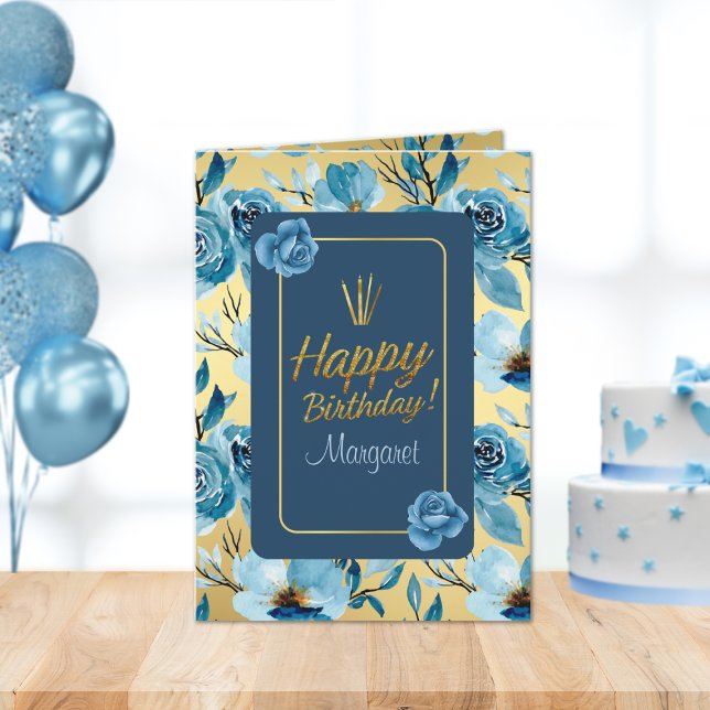 Tarjeta Elegante azul y oro Feliz cumpleaños floral plegad (Subido por el creador)