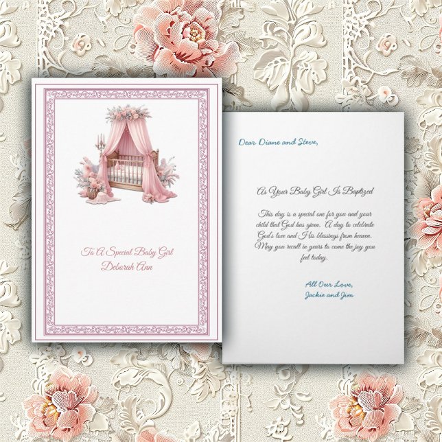 Tarjeta Elegante bautismo de bebé bebe rosa y blanco (Subido por el creador)