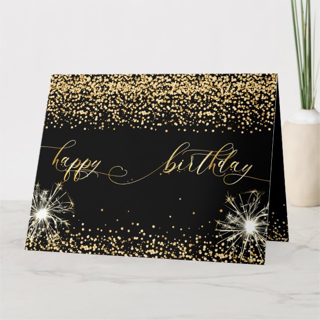 Tarjeta Elegante Black Gold Confetti Feliz cumpleaños (Anverso)