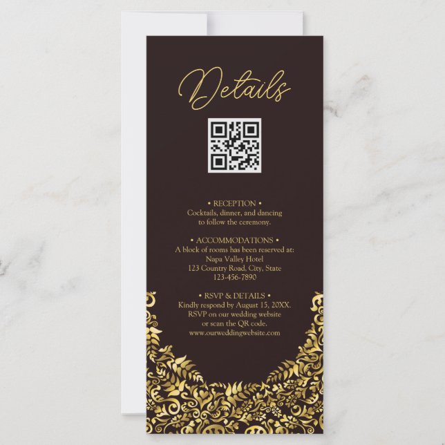 Tarjeta Elegante Boda de código QR de Maroon Dorado (Anverso)