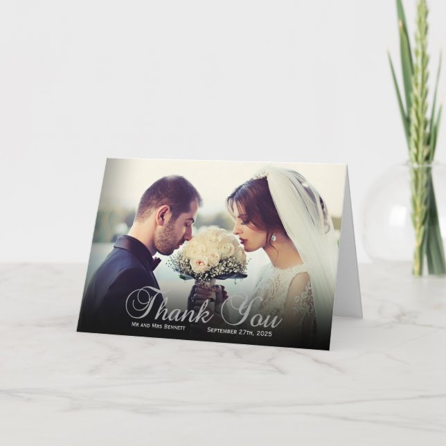 Tarjeta Elegante Boda de fotos Personalizado Gracias (Anverso)