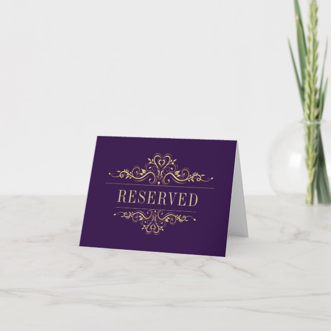 Tarjeta Elegante boda de marco dorado violeta reservado (Anverso)