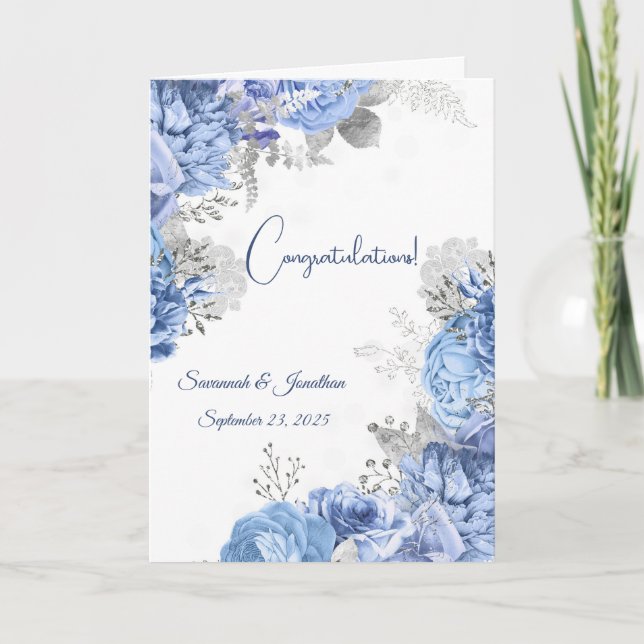 Tarjeta Elegante Boda floral azul personalizado (Anverso)