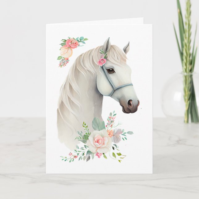 Tarjeta Elegante Boho blanco de caballos Floral Cumpleaños (Anverso)