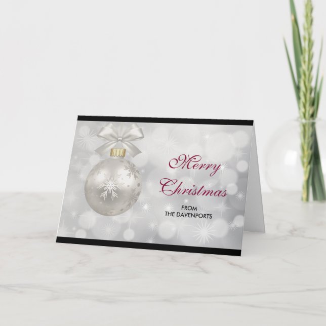 Tarjeta Elegante Bola de Navidad de Plata sobre Luces Boke (Anverso)