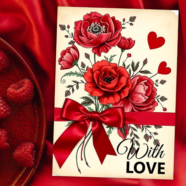 Tarjeta Elegante Bouquet de Flores Rojas con Corazones y C (Subido por el creador)