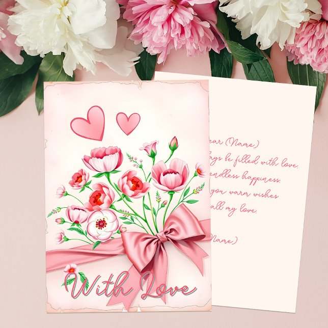 Tarjeta Elegante Bouquet de flores rosadas con Corazones y (Subido por el creador)
