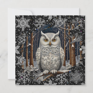 Tarjeta Elegante búho blanco de Navidad, bosque invernal
