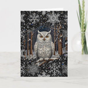 Tarjeta Elegante búho blanco de Navidad bosque invernal