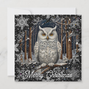 Tarjeta Elegante búho blanco de Navidad bosque invernal