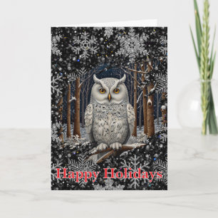 Tarjeta Elegante búho blanco de Navidad, bosque invernal