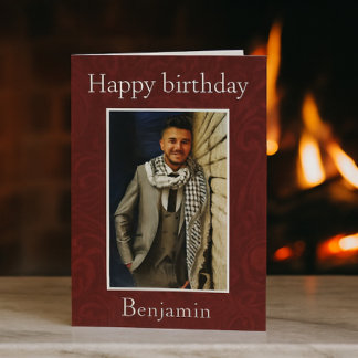Tarjeta Elegante Burgundy Damask Photo Birthday