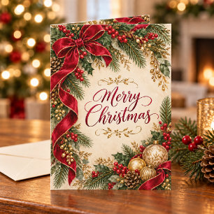 Tarjeta Elegante cinta roja y Navidad dorada