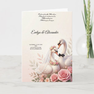 Tarjeta Elegante cisne novia y novio floral rosa pálido 3D