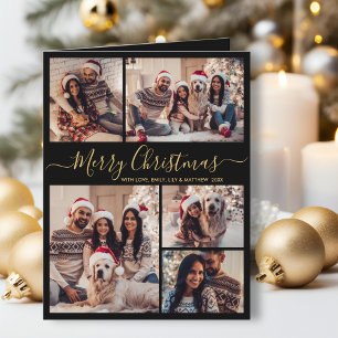 Tarjeta Elegante Colage de Navidad de 5 Fotos en Negro Oro