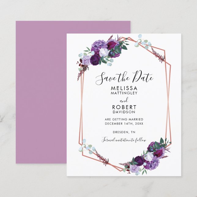 Tarjeta elegante con letra a mano de flores púrpur (Anverso / Reverso)