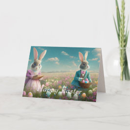Tarjeta Elegante conejito de Pascua Vintage y chica
