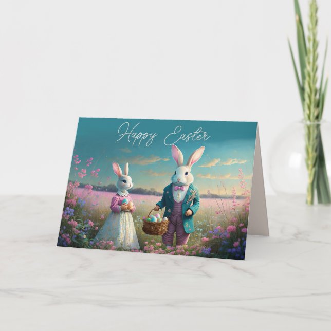 Tarjeta Elegante conejito de Pascua Vintage y chica (Anverso)