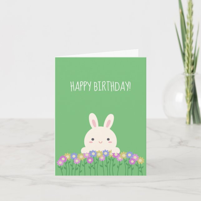 Tarjeta Elegante conejo Kawaii y flores feliz cumpleaños (Anverso)