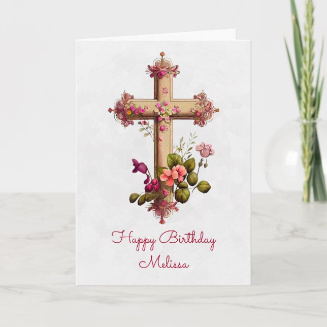 Tarjeta Elegante cruz de madera con flores rosas Cumpleaño (Anverso)