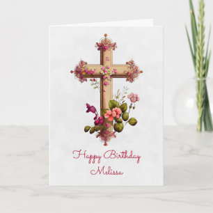 Tarjeta Elegante cruz de madera con flores rosas Cumpleaño