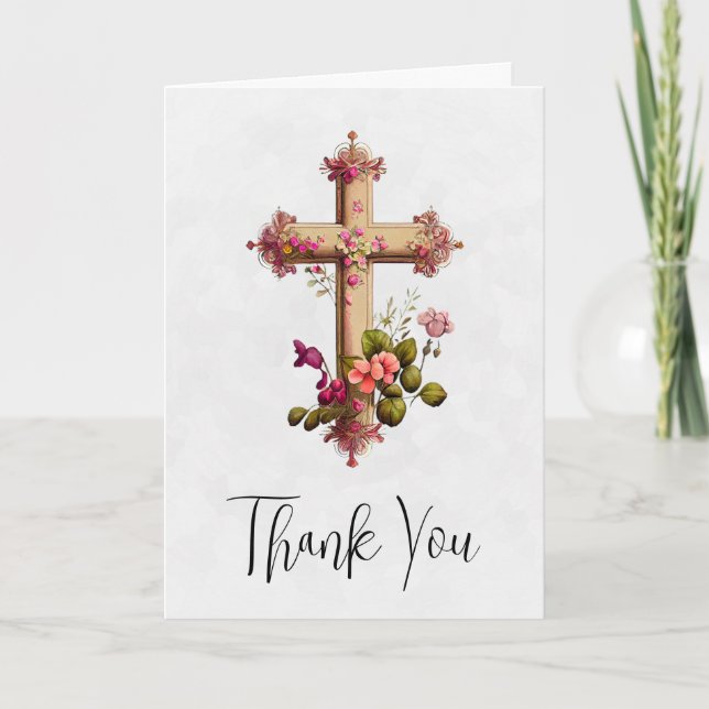 Tarjeta Elegante cruz de madera con flores rosas gracias (Anverso)