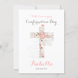 Tarjeta Elegante cruz floral de confirmación blanca