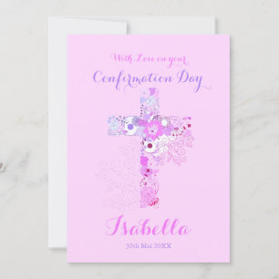 Tarjeta Elegante cruz floral de confirmación rosa