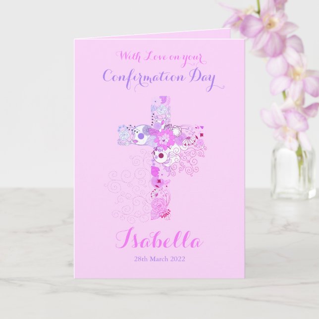 Tarjeta Elegante cruz floral de confirmación rosa (Orquídea)