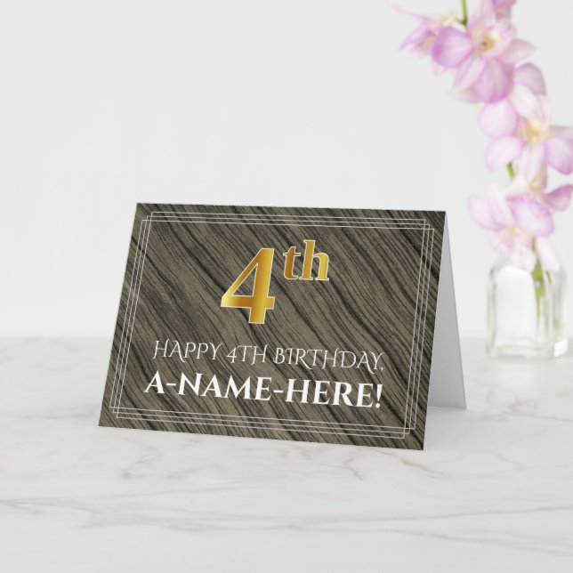 Tarjeta Elegante cuarto cumpleaños: Faux Wood, Faux Gold L (Orquídea)