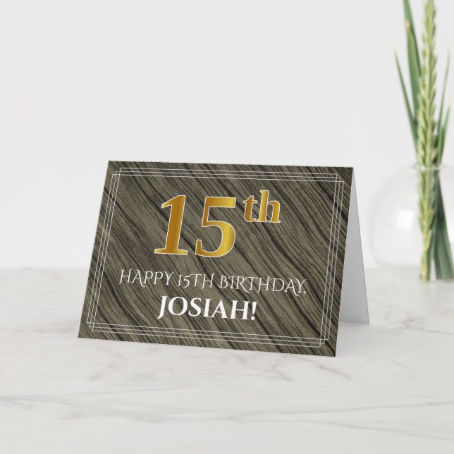 Tarjeta Elegante cumpleaños 15: Faux Wood, Faux Gold Look (Anverso)