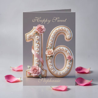 Tarjeta Elegante Cumpleaños 16 Dulce Rosa Oro Perla Brilla