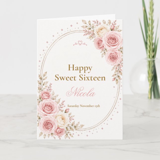 Tarjeta Elegante Cumpleaños 16 Rosa Rubor (Anverso)