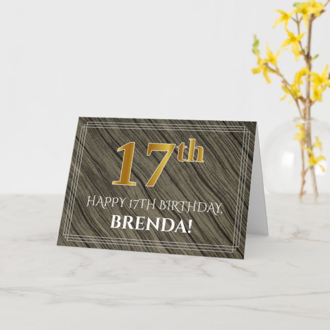 Tarjeta Elegante cumpleaños 17: Madera falsa, apariencia d (flor amarilla)