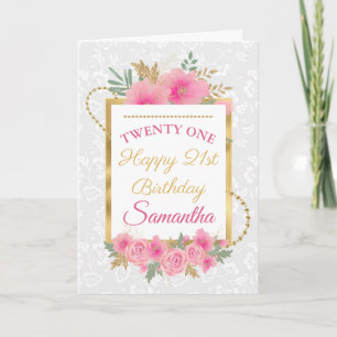 Tarjeta Elegante Cumpleaños 21 Floral Rosa