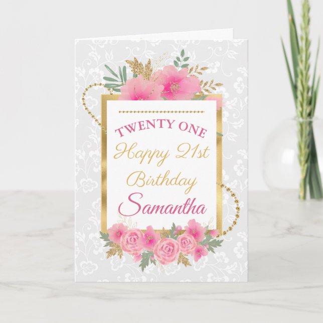 Tarjeta Elegante Cumpleaños 21 Floral Rosa (Anverso)