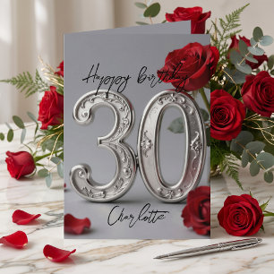 Tarjeta Elegante Cumpleaños 30 Romántico Rosa Roja Plata