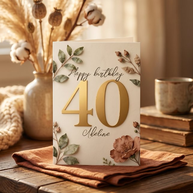 Tarjeta Elegante Cumpleaños 40 Botánico Rosa Falso Oro (Subido por el creador)