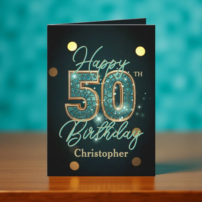 Tarjeta Elegante Cumpleaños 50 en Verde Acuario y Metálico (Subido por el creador)