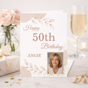 Tarjeta Elegante Cumpleaños 50 Foto Rosa Polvo Dorado
