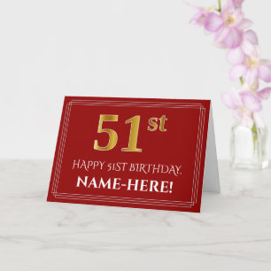 Tarjeta Elegante Cumpleaños "51º" con Nombre, Estilo Dorad