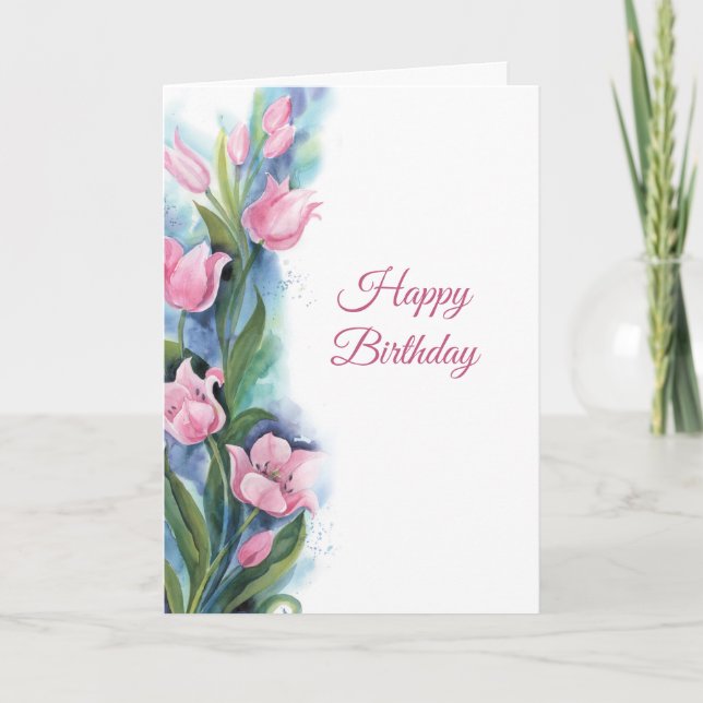 Tarjeta Elegante cumpleaños floral de tulipanes rosados (Anverso)
