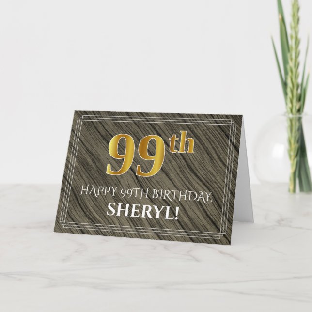 Tarjeta Elegante cumpleaños número 99: aspecto de madera f (Anverso)