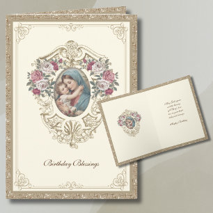 Tarjeta Elegante Cumpleaños Religioso Floral y Oro