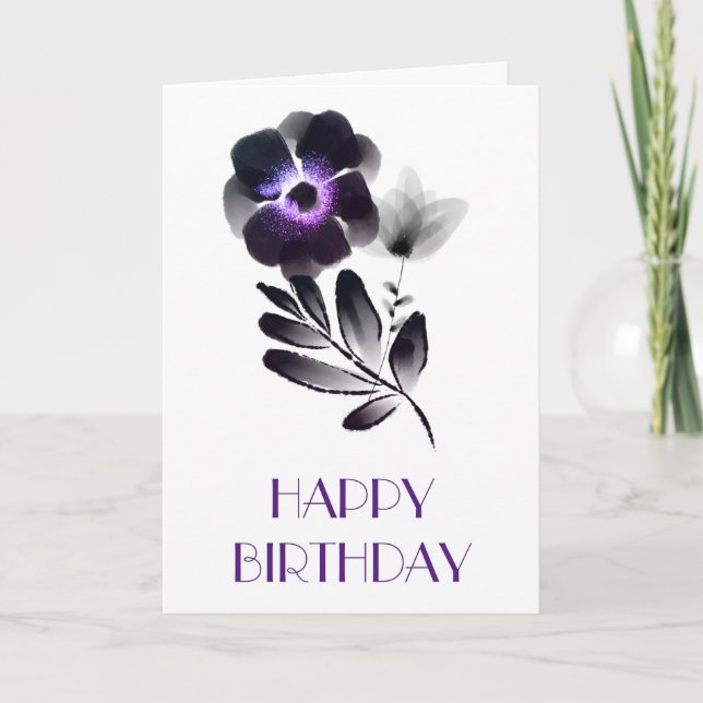 Tarjeta Elegante cumpleaños violeta y floral negro (Anverso)