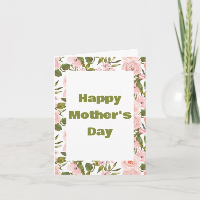 Tarjeta Elegante Cute Rosa Verde Floral Feliz Día de las M (Anverso)
