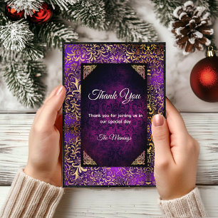 Tarjeta Elegante damasco floral de oro morado Gracias